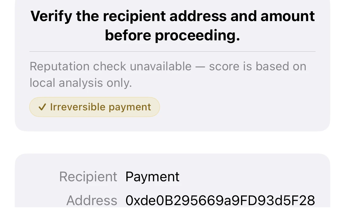 Canary’s detail: verify the recipient address before proceeding; irreversible payment; recipient address revealed