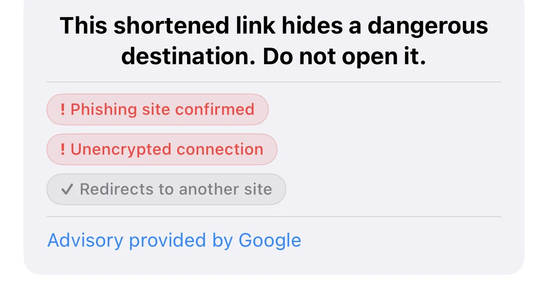 Canary’s detail: this shortened link hides a dangerous destination — phishing site confirmed, unencrypted connection, redirects to another site