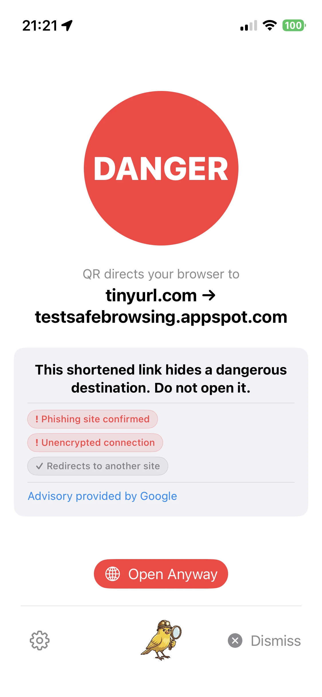 Canary showing the same shortened link resolves to a known phishing site, marked DANGER, with the reasons listed.